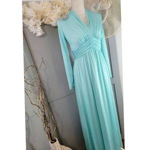 Vintage Aqua Blue Sheer Long Sleeves Ruched Empire Waistline Maxi Elegant Dress